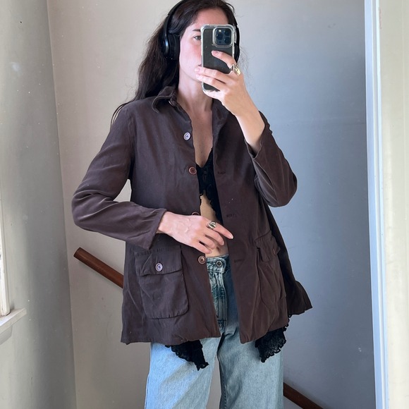 Vintage 90s Max Studio‎ Brown Button Down Jacket Dagger Collar Chic 70s Blazer - Picture 2 of 8